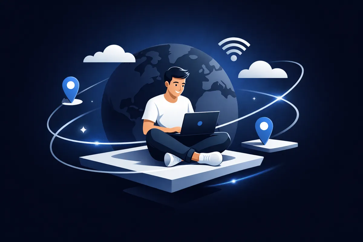 Digital nomad working on laptop in exotic location with reliable internet connection