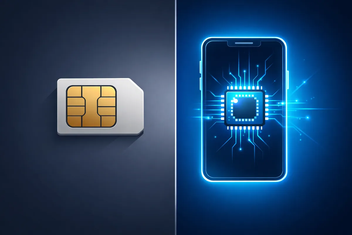 Side by side comparison of eSIM enabled smartphone and traditional physical SIM cards