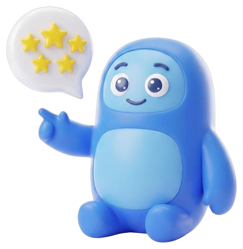 Teraroma mascot beside a five-star review