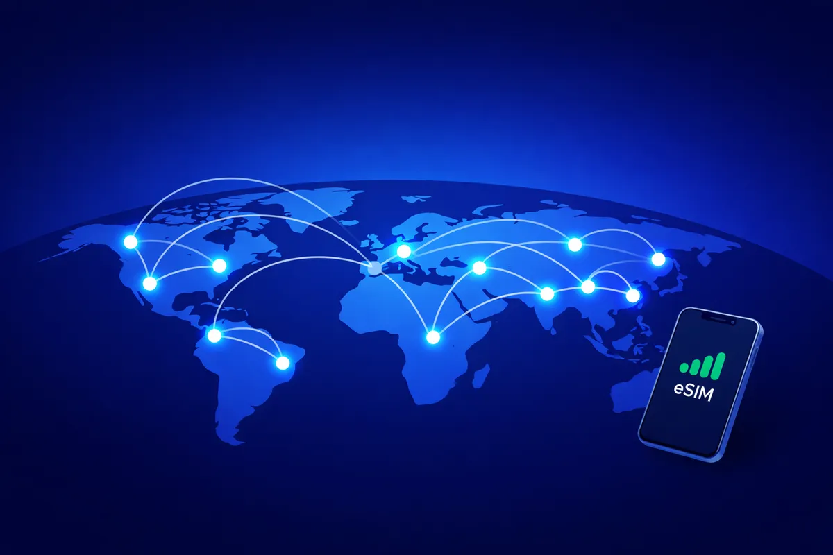 World map with glowing connection points showing global eSIM connectivity for travelers